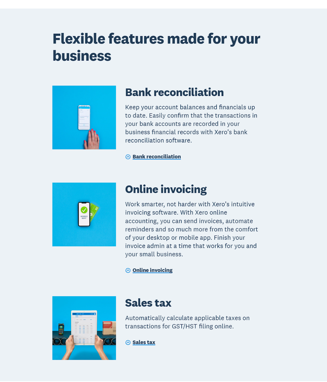 Xero landing page showing feature comparison with QuickBooks and customer testimonials